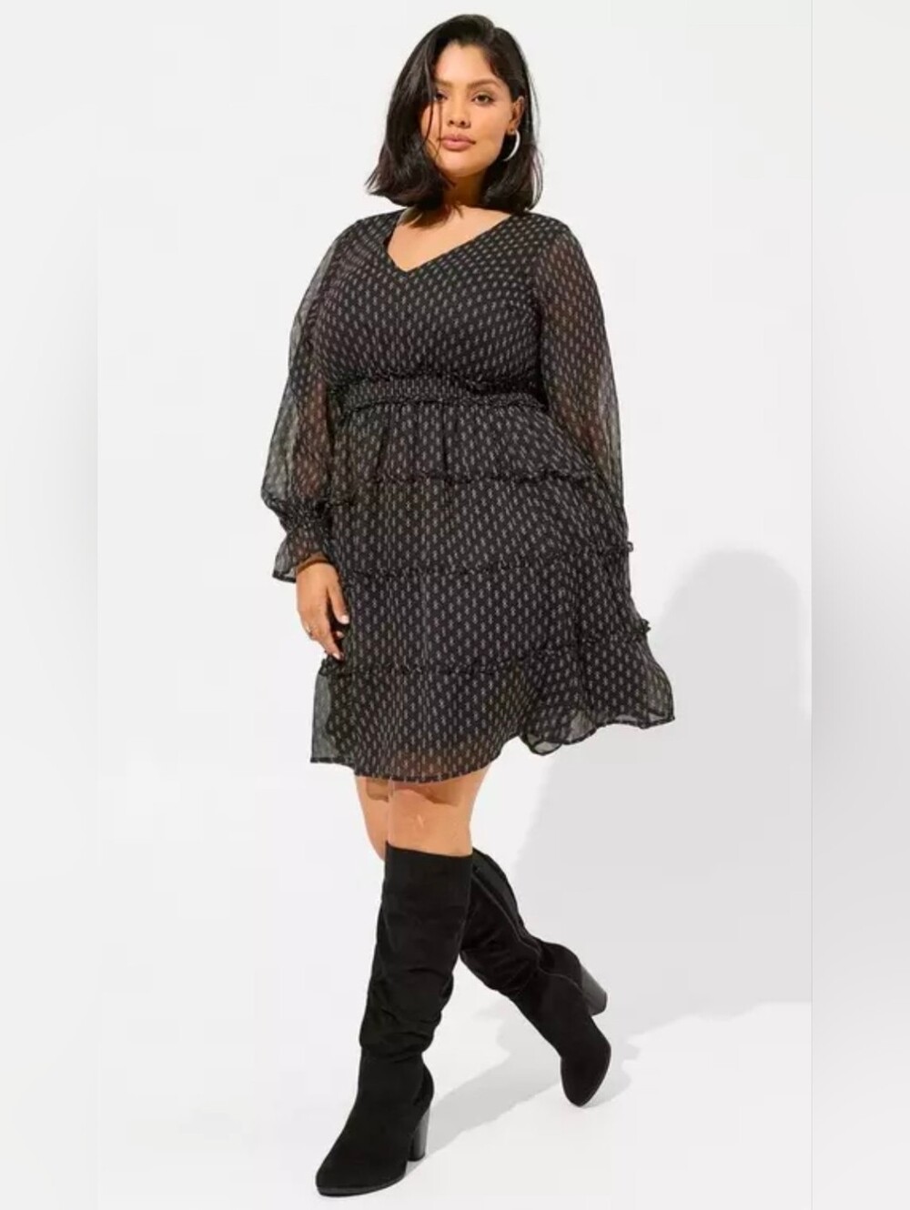 Black Chiffon Long-Sleeve Tiered V-Neck Dress